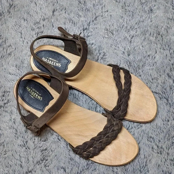 Swedish Hasbeens Brown Sandals Tan Wooden Leather Open Toe Clogs Size 40 US 10 - Picture 4 of 12